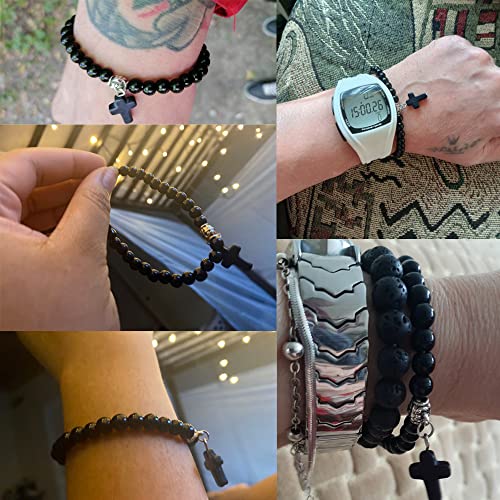 Softones 6mm Bead Cross Pendant Bracelet for Women Healing Stone Stretch Prayer Bracelet for Women,with Gift Box - color: Bright Black Matte