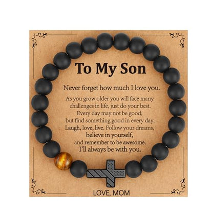 Gnamy Cross Bracelet for Boys Kids, American Flag Cross Beads Bracelet Easter Christian Religious Jewelry Gifts for Teen Teenage Boys - style: To My Son from Mom