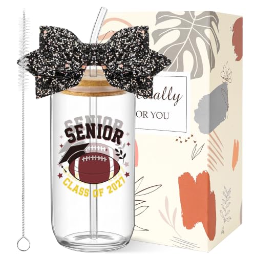 Class of 2027 Senior Gifts - Senior 2027 Football Glass Tumbler with Glitter Bow, Graduation Gift for Girls Women Player College High School Daughter Friends Graduates - style: football senior