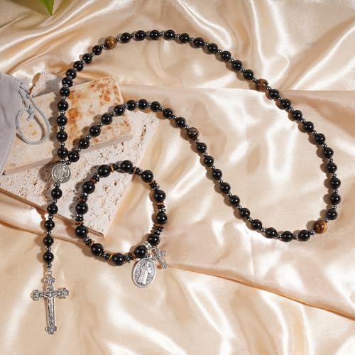 Rosary for Men Women, Natural Stone Beads with St. Benedict Bracelet - color: Obsidian