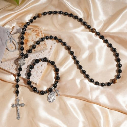 Rosary for Men Women, Natural Stone Beads with St. Benedict Bracelet - color: Obsidian
