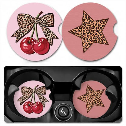 Car Coasters for Cup Holders, Pink Leopard Print Car Coasters Set of 2, B24 - color: Cherry