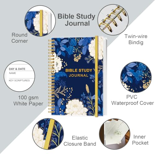 Heveboik Bible Study Journal – Church Notes Notebooks – Note Taking & Journaling Kit, 5.8" x 8.5", Blue Leaf Flower - color: Blue Leaf Flower