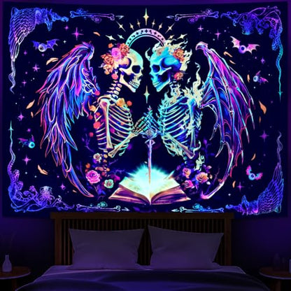 Heopapin Blacklight Trippy Skull Tapestry UV Reactive Gothic Skeleton Wall Hanging Tapestries Fantasy Neon Wing Glow in the Dark Party Poster Magical Galaxy Space Tapestry for Bedroom - color: Skull Lover, size: 59.1"L x 51.2"W