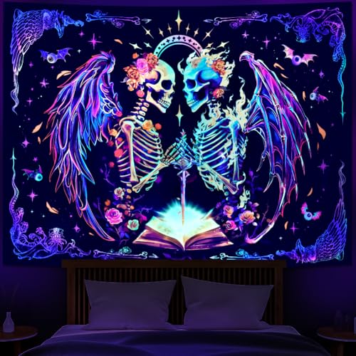 Heopapin Blacklight Trippy Skull Tapestry UV Reactive Gothic Skeleton Wall Hanging Tapestries Fantasy Neon Wing Glow in the Dark Party Poster Magical Galaxy Space Tapestry for Bedroom - color: Skull Lover, size: 78.7"L x 59.1"W