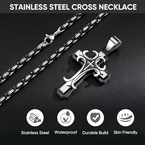 MEALGUET Stainless Steel Crucifix Cross Pendant Necklace,Men's Cross Necklace with Chunky Byzantine Chain/Rolo Chain, Gift for Men - style: Black-byzantine chain