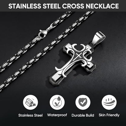 MEALGUET Stainless Steel Crucifix Cross Pendant Necklace,Men's Cross Necklace with Chunky Byzantine Chain/Rolo Chain, Gift for Men - style: Black-byzantine chain