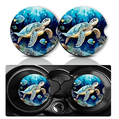 2Pcs Sea Turtle Cars Coasters,2.75" Neoprene Rubber Cup Holder Coasters - color: Turtle