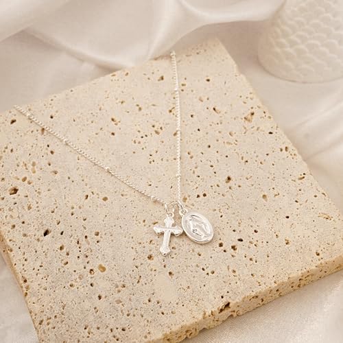 NIXMAX Small Cross Necklace for Women, 14K Gold Silver Plated Pendant - color: Silver-Virgin Mary with Cross