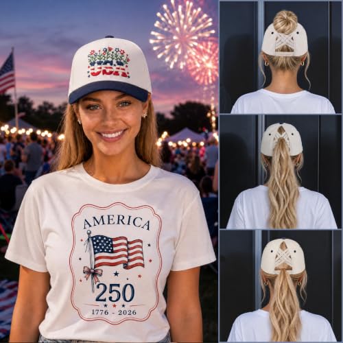 C.C Women's Criss-Cross Ponytail Trucker Hat - Snapback, One Size - color: Floral Usa-navy