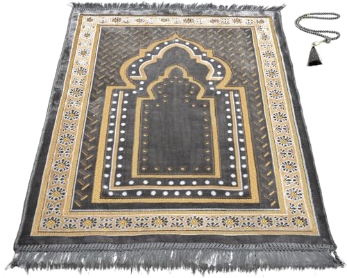 Turkish Muslim Prayer Rug, Mat with Beads for Men Women, Ramadan Hajj Gift (Gray) - color: Grey