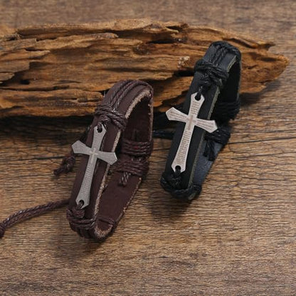 Religious Cross Leather Bracelet Adjustable Bangle Braided Jewelry for Men Cross Alloy Bracelet - color: Black