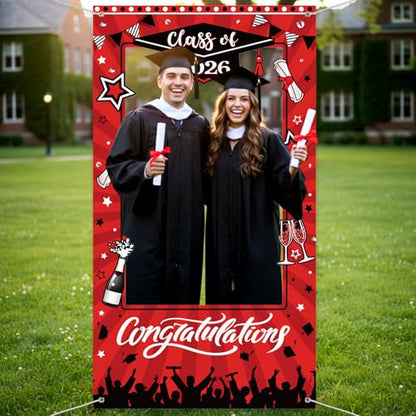 WovWeave Class of 2026 Graduation Photo Booth Frame 71x39 Inch - Red Black Large Fabric Selfie Backdrop Props for High School College Grad Party Decorations Indoor Outdoor Picture Background - style: Red Black Grad