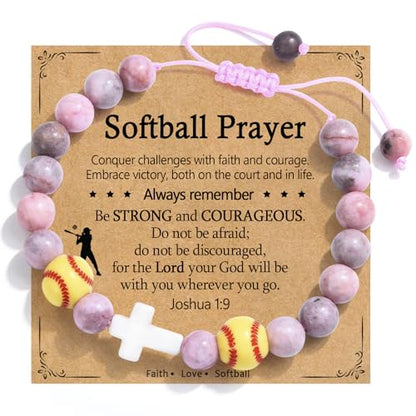 Baseball/Basketball/Soccer/Softball/Volleyball Bracelet for Girls Women- Cross Charm Beaded Bracelets, Christmas Birthday Easter Graduation Gifts for Daughter Granddaughter Niece Sister Coach - style: Softball