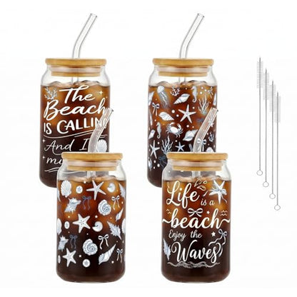 Glass Cups with Lids and Straws, 4Pack, 16oz, Seashell Ocean - color: Beach & Coastal