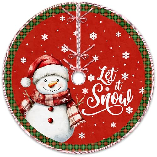 Red Snowman Christmas Tree Skirt, Snow Tree Skirt, Xmas Red and Green Buffalo Plaid Christmas Tree Mat Ornaments for Winter New Year Home Party Holiday Indoor Outdoor Decor, 36 Inch - color: Snowman