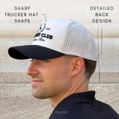 CITRUSY Athletic Trucker Golf Hat | Performance Mens 5 Panel Cap | Cool Breathable Waterproof Workout Running Snapback - color: Country Club | Black