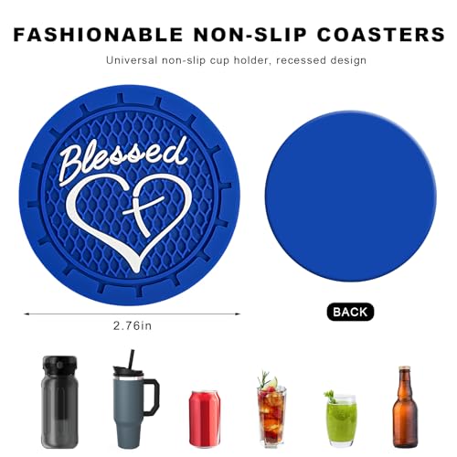 2PCS Car Cup Holder Coaster, 2.76 Inch PVC Anti Slip Car Cup Insert Coaster with Blessed Cross and Heart, Shockproof Dustproof Drink Mat Universal for Most Vehicles Interior (Blue) - color: Blue