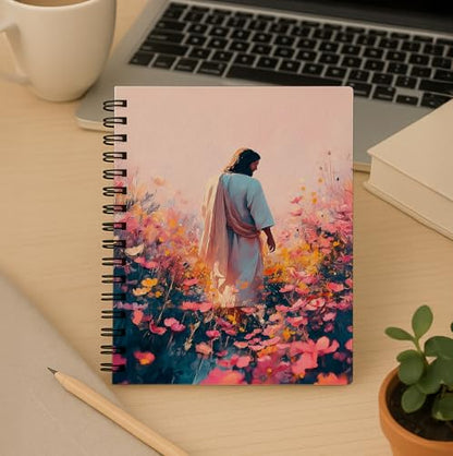 bitCNY Inspirational Jesus Notebook 8.3x5.5 Inch – Jesus in Flower Garden Spiral Journal, Pastel Christian Notebook with Lined Pages for Prayer & Study - color: white-Jesus in Flower Garden