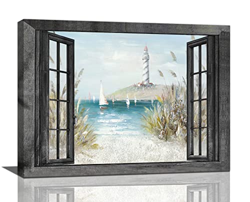 Nautical Lighthouse Wall Art Coastal Beach Ocean Sailboat Bathroom Pictures Wall Decor 3d Window Canvas Prints Framed Modern Seascape Landscape Painting Artwork for Living Room Offic 16"x12" - color: Lighthouse-6, size: 16"L x 12"W