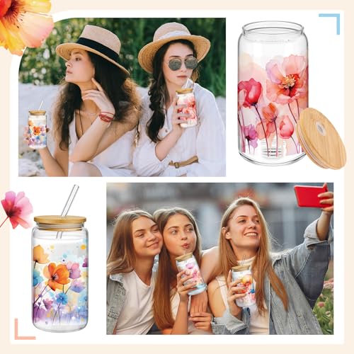 Mumufy 4 Pack Watercolor Flower Glass Cup, 16oz Tumbler Mug with Bamboo Lid - style: Watercolor Flower