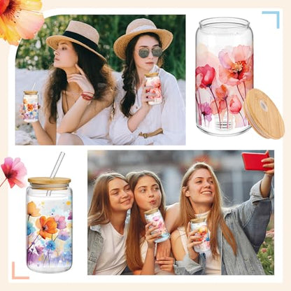 Mumufy 4 Pack Watercolor Flower Glass Cup, 16oz Tumbler Mug with Bamboo Lid - style: Watercolor Flower
