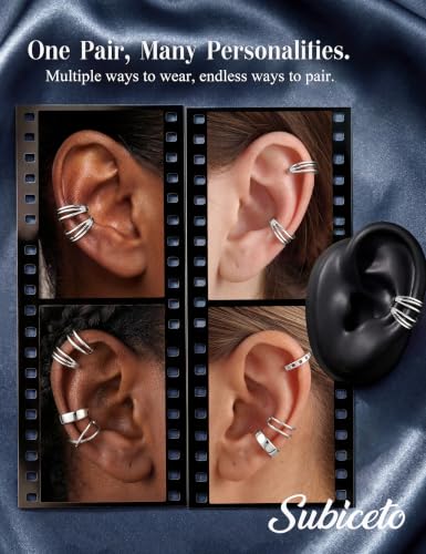 Subiceto 925 Sterling Silver Ear Cuffs Non Piercing - Adjustable Hypoallergenic 14K Gold Plated Clip On Earrings for Women Cubic Zirconia Silver Ear Cuff Helix Cartilage Fake Piercing - color: 08 Three Hoop Silver Tone