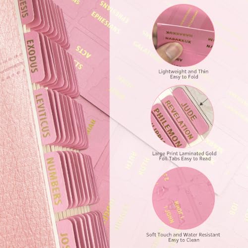 Bible Tabs for Women & Men - 80 Gold Foil (66+14 Blank), Rose Pink - color: Rose Pink
