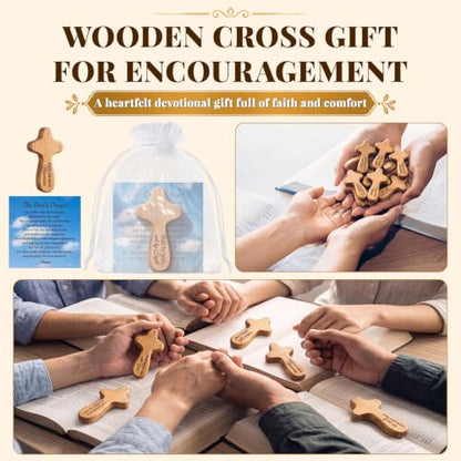 Lewtemi Small Wooden Pocket Cross Bulk 2.4" Mini Bible Verse Cross with Prayer Cards Organza Bags Hand Held Engraved Scripture Christian Encouragement Gift for Church Baptism Favors(Belief,24 Set) - style: Belief