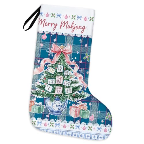 Chinoiserie Blue Plaid Christmas Mahjong Tree Stockings 16 Inch - color: Christmas17