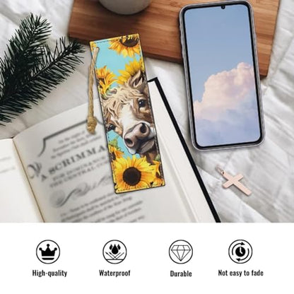 2 Pack Leather Cow Sunflower Bookmark Bookmarks for Teachers, Students, Book Lovers Pocket Kitten Fun Book Marks for Reading Cool Bookmarks, Adults Kids - color: Cow and Sunflower Pattern