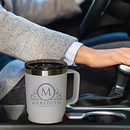 The Wedding Party Store Personalized 20 oz Stainless Steel Powder Coated Vacuum Insulated Double Walled Travel Tumbler Coffee Mug with Handle and Lid (White) - color: White