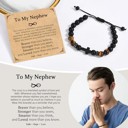 Cross Bracelet Gifts for Men Boys, Cross Beads Bracelet Christian Christmas Easter Basket Stuffers Baptism Jewelry Gifts for Man Him Son Grandson Nephew Brother Godfather Godson - style: Nephew
