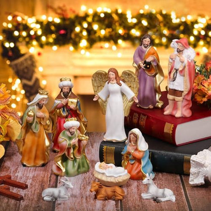 Cinnvoice 11 Pcs Christmas Nativity Gift Set Resin Nativity Scene Figurine Set 7 Holy Family Statue for Indoor Decoration Jesus Manger Sculpted Religious Gift for Xmas Family Home Tabletop
