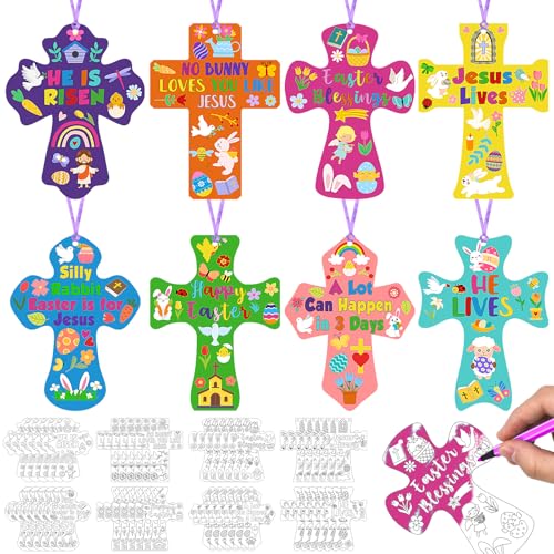 Dunzoom 48 Pcs Religious Easter Crafts for Kids Color Your Own Christian Cross Ornaments DIY Coloring Set He is Risen Jesus Party Favors for Sunday School Church VBS Activities & Basket Stuffers - style: Easter