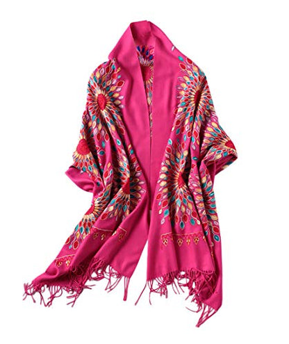 Urban CoCo Embroidered Scarf for Women, Tassel Shawl, Soft Lightweight Wrap - color: Rose