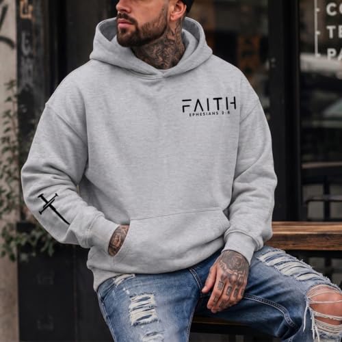 Christian Hoodies for Men Faith Cross Graphic Hoodie Jesus Fleece Sweatshirts Bible Verse Religious Pullover Tops - color: Light Gray, size: Large