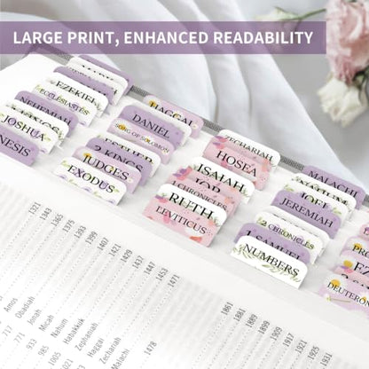 Taja Bible Tabs, 75 Large Print Index Tabs for Women & Men - color: T-lavender Bloom