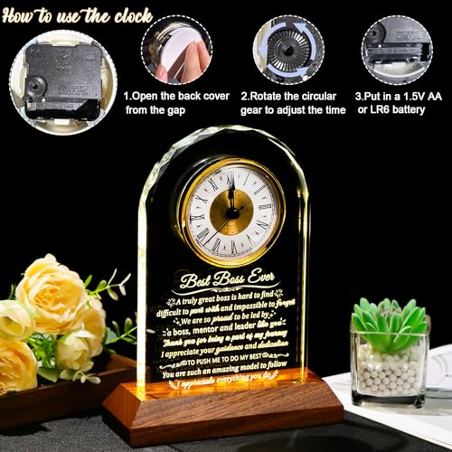 Arikyrist Glass Clock Boss Gifts for Women Men with Wooden Light Base - color: Boss