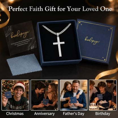 Sterling Silver Beveled Edge Cross Necklace for Men Women, S925 Cross Pendant with 5mm Cuban Chain, Non Tarnish Durable Stainless Steel Necklace, Silver Religious Jewelry, 16-30 Inch - color: Silver Cross Necklace, size: 30 in=76 cm