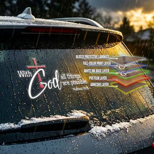 Premium with God All Things are Possible Car Decal Christian Cross Vinyl Sticker Waterproof Bible Verse Car Window Bumper Truck Religious Faith Gift for Women Mom 6.3 x 5.1 Inches