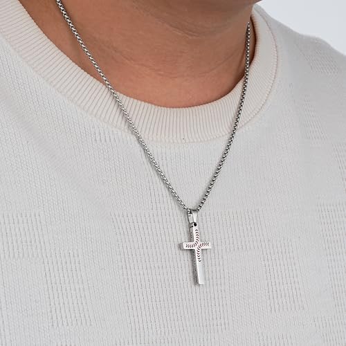 Baseball Cross Necklaces for Boys Men, Colourfast Stainless Steel Bible Verse Cross Chain Pendant Necklace Baseball Accessories Stuff Confirmation First Communion Gifts for Boys Teens - color: Silver
