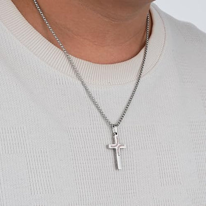 Baseball Cross Necklaces for Boys Men, Colourfast Stainless Steel Bible Verse Cross Chain Pendant Necklace Baseball Accessories Stuff Confirmation First Communion Gifts for Boys Teens - color: Silver