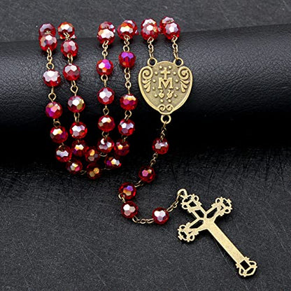 KOMI Rosary Beads Catholic for Women Gemstone Rosary Beads Necklace with Crucifix Cross Crystal Pearl Rosary Rosarios Catolicos Catholic Gifts - style: 8mm Red Crystal Beads