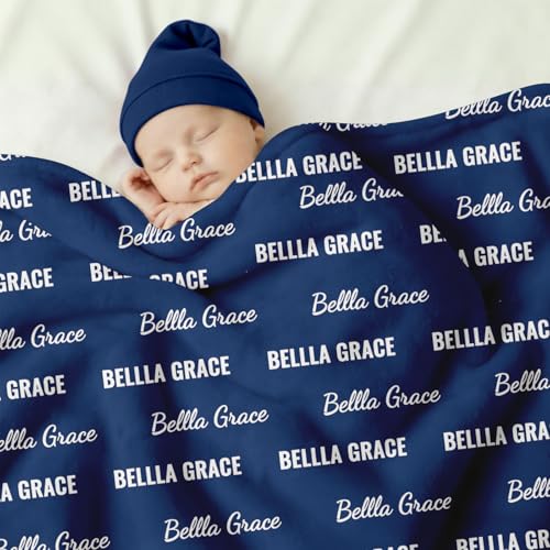 Ships Next Day, Personalized Baby Blanket with Name - Custom Newborn Hospital Swaddle Blanket, Super Soft Plush Flannel Baby Gift for Birth Announcement Shower Easter Gifts for Toddler Kids - color: Navy