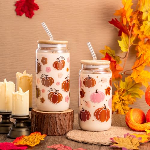 2 Pcs Fall Pumpkin Glass Cup With Lid & Straws Pumpkin Gifts for Women - style: Pumpkin