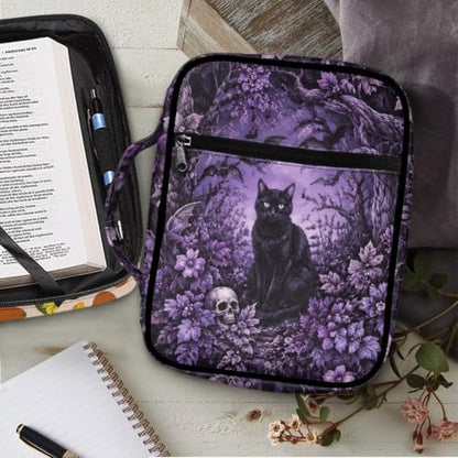 Suobstales Cat Skull Bat Leaves Pattern Bible Cover Carrying Book Case for Women Men Halloween Lightweight Bible Bag Bible Protective with Handle and Zippered Pocket - color: Cat Skull Bat Leaves