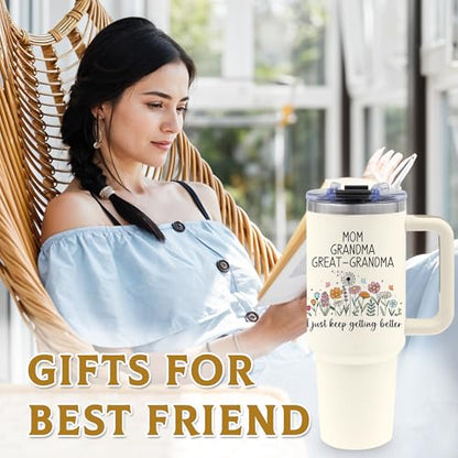 40oz Mom Tumbler Gifts for Grandma, Water Bottle with Handle & Straw - color: Grandma-White