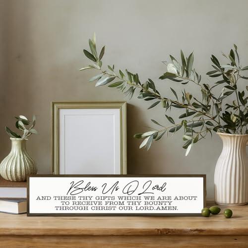 Rustic Farmhouse Kitchen Sign – 'Bless Us O Lord and These Thy Gifts' Wooden Prayer Wall or Table Decor for Dining Room, Religious Home Blessing Decor, Housewarming Gift