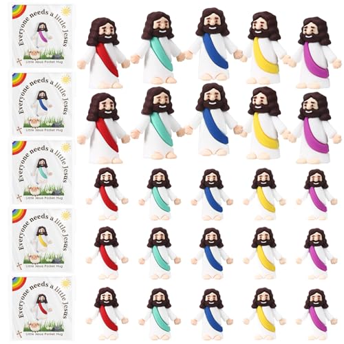 25 Sets Little Jesus Figurines Bulk Easter Mini Jesus Figurines Set with 25 Prayer Cards and 25 Bags for Hide and Seek Religious Party Favors, Church, Baptism Gifts Stuffers for Sunday School
